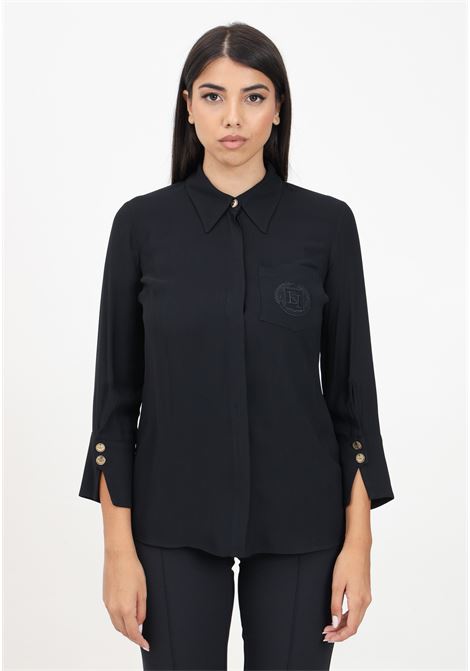 Elegant black women's shirt in georgette with logo patch ELISABETTA FRANCHI | CA09146E2110